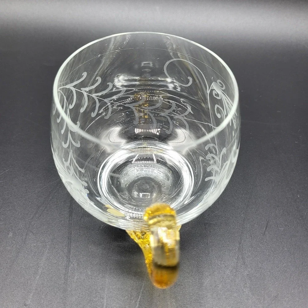 Vintage MCM Glass Etched Tea Cup Amber Handle Vintage Clear 3